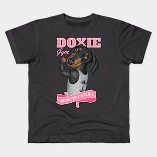 Cute Doxie going to the gym to grow your weenie in pink Kids T-Shirt